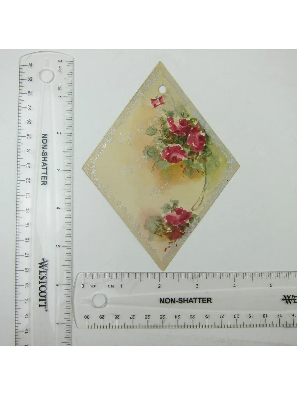 Victorian Card Watercolor Red Roses Flowers Green Leaves Silver Trim Antique
